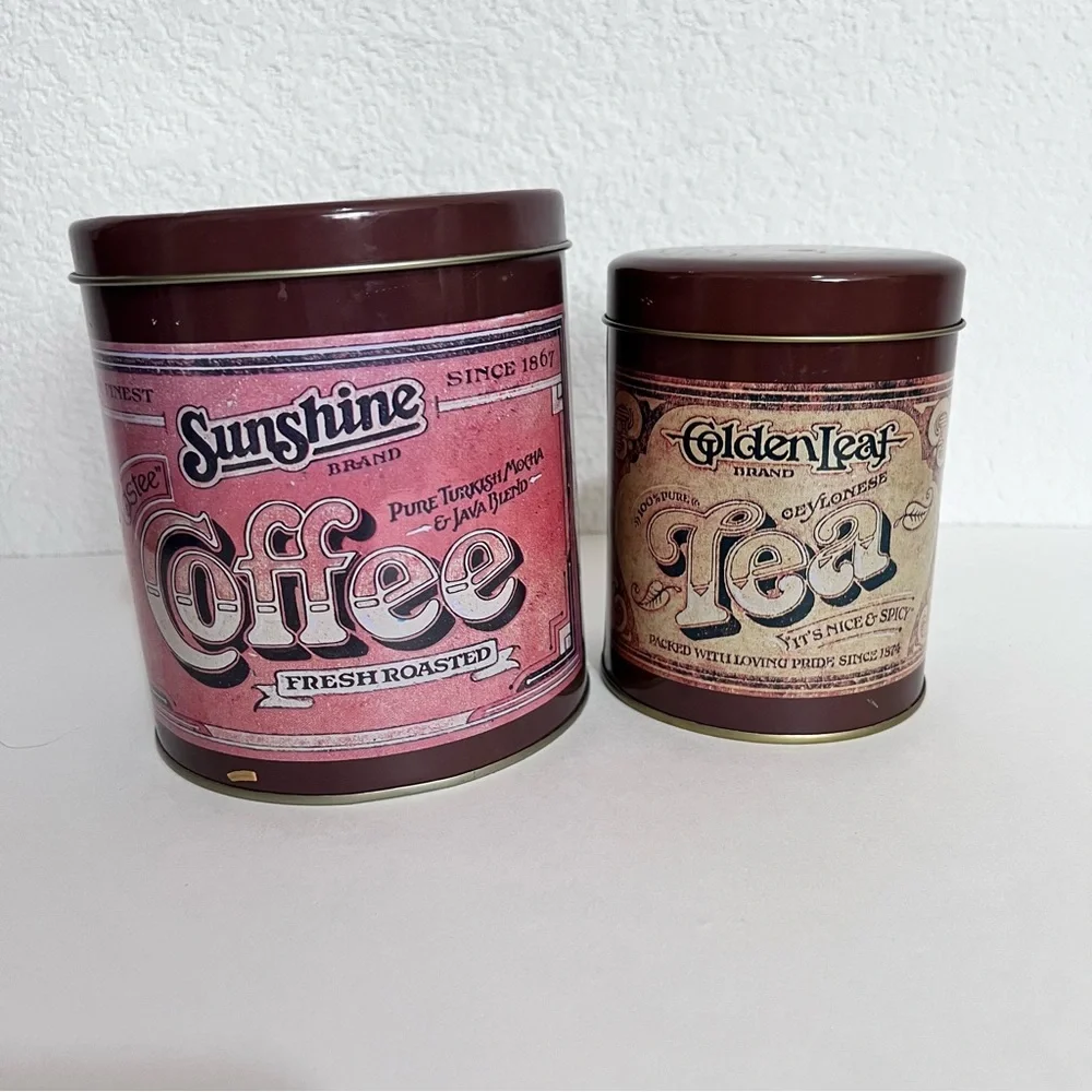 Vintage Coffee & Tea Tin Canisters with Lids Set of 2